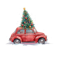 Vintage car carries a Christmas tree decorated with toys