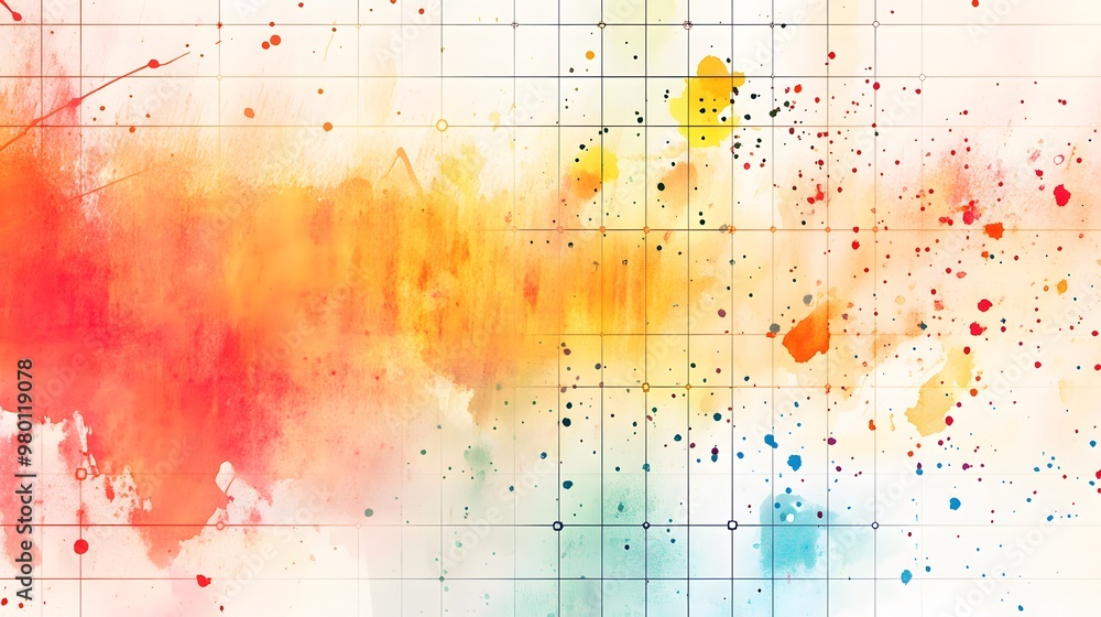 Poster watercolor abstract with grid and splashes
