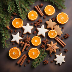 Obraz premium Still life with gingerbread, cinnamon, anise and orange. New Year's treat