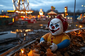 A haunted carnival, with broken-down rides, creepy clowns, and eerie music playing in the background