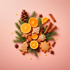 Still life with gingerbread, cinnamon, anise and orange. New Year's treat