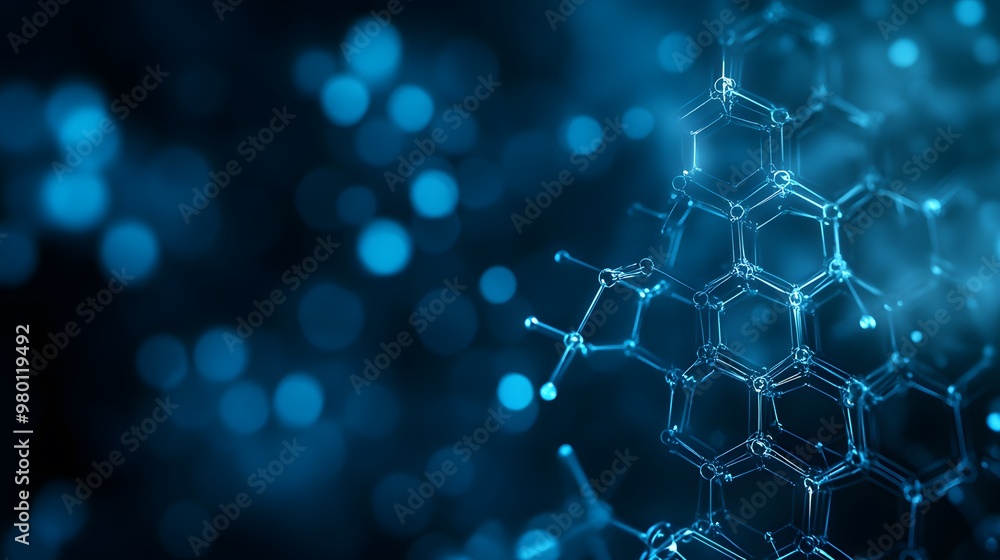 Poster abstract 3d molecular structure with blue bokeh background