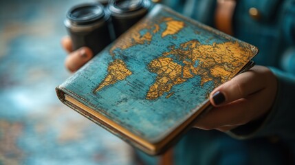 A person holds a world map notebook and binoculars, ready to explore.