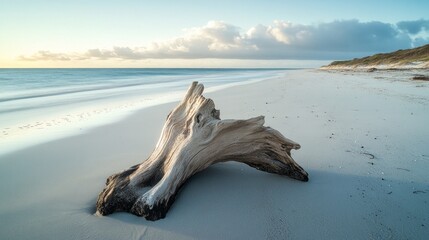 Fototapeta premium Solitary Driftwood on Serene Shore, a tranquil scene showcasing a weathered piece of driftwood resting on a deserted, calm beach, inviting reflection and serenity.