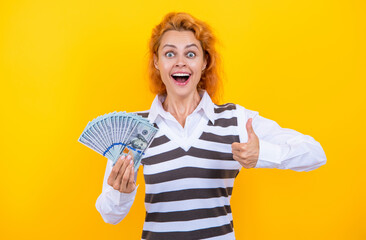 Profit growth. Businesswoman reinvest profit for growth. Businesswoman with money on yellow....
