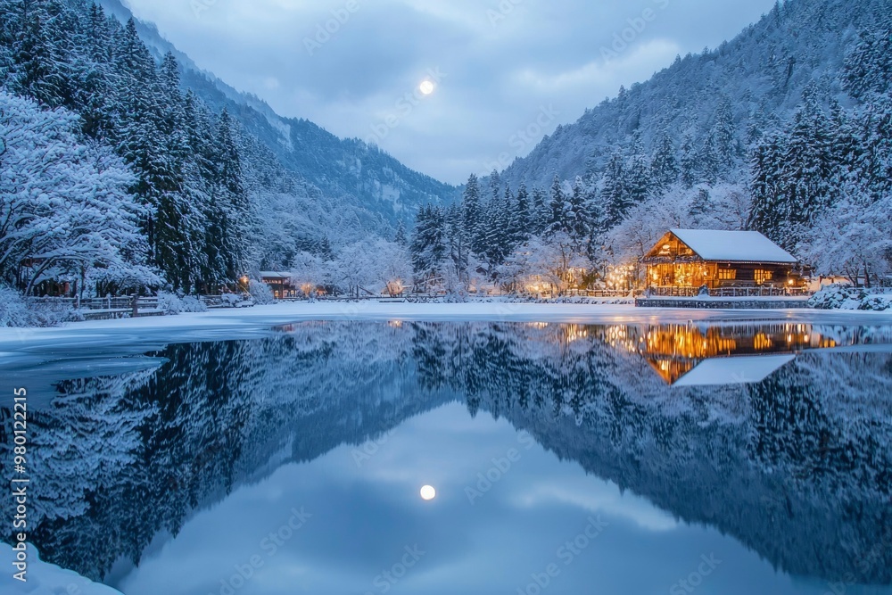 Wall mural snow-covered cabin and mountain reflection in a frozen lake