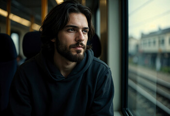 Obraz premium Pensive Journey: A bearded young man in a hoodie, gazing thoughtfully out of a train window. The moody lighting and reflections create a contemplative atmosphere.