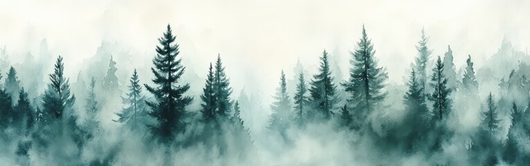 Misty Spruce Forest with Tall Trees Disappearing into Fog