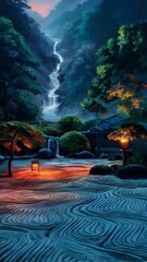 Peaceful Japanese Zen Garden at Dusk with Stone Lantern and Waterfall