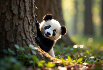 Obraz premium Playful Panda in the Wild: A panda cub peeks curiously from behind a large tree, its wide, expressive eyes full of curiosity, dappled sunlight filtering through the trees.