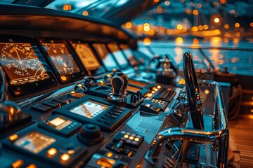 Exploring the captain s bridge  control panel, steering wheel, and modern ship electronics