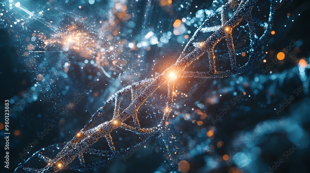 Poster abstract representation of a dna double helix with glowing particles