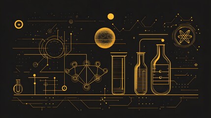 Abstract Golden Science Illustration with Laboratory Flasks and Geometric Patterns
