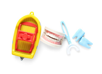 Jaw model with children's toothbrush, tooth models and toy on white background
