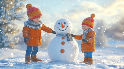 Two children joyfully building a snowman in a winter wonderland, surrounded by falling snow and bright sunshine.