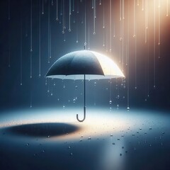 A surreal image of an umbrella surrounded by falling droplets in a dimly lit atmosphere, symbolizing protection and creativity in a dreamy setting.