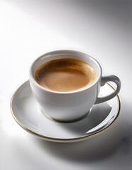 Fototapeta premium Hyperrealistic picture of a cup of coffee on a White background, side view, soft lights, highly detailed, high quality photography