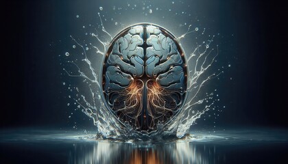 A striking image of a brain surrounded by splashes of water, symbolizing creativity, innovation, and the fluidity of thought. Ideal for neuroscience, technology, and mental health themes.
