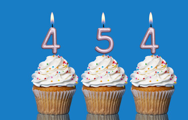 Birthday Cupcakes With Candles Lit Forming The Number 454