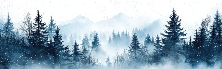 Misty Spruce Forest with Tall Trees Disappearing into Fog