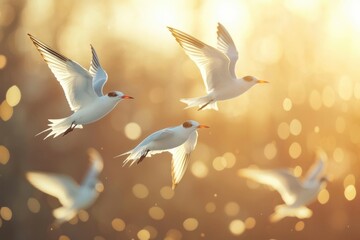 Four White Birds Flying Against a Golden Bokeh Background