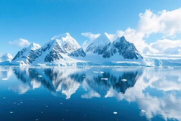 Snowy Mountain Range Reflected in Calm Antarctic Waters