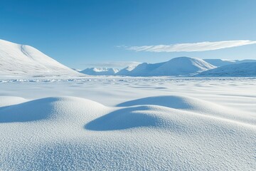 Snow-Covered Mountain Valley with Snowdrifts in Foreground