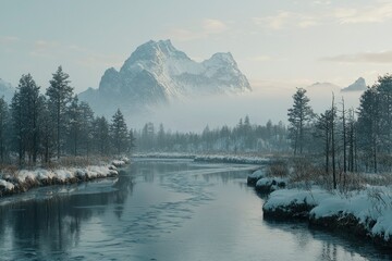 A Winding River Through a Snowy Forest at the Foot of a Mountain