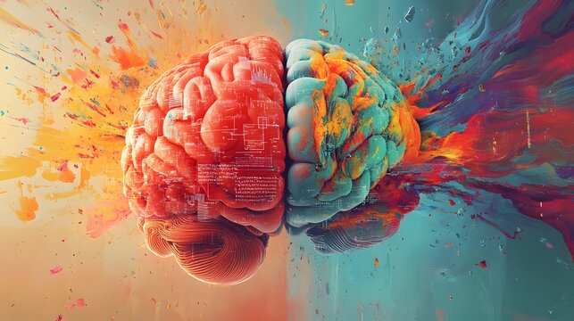 Abstract Artistic Representation of a Human Brain Exploding with Color