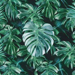 Watercolor seamless pattern of tropical leaves. monstera on a dark background