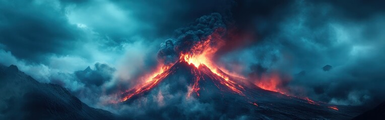 Fototapeta premium Volcano eruption with colorful smoke and ash clouds