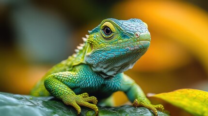 Obraz premium Close-up of a Vibrant Green and Blue Lizard