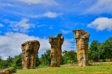 Viewpoint of White Stone Park, Thailand's Stonehenge, with large rocks scattered all over on a...