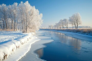 Frosty Trees Lining a Partially Frozen River in a Winter Landscape