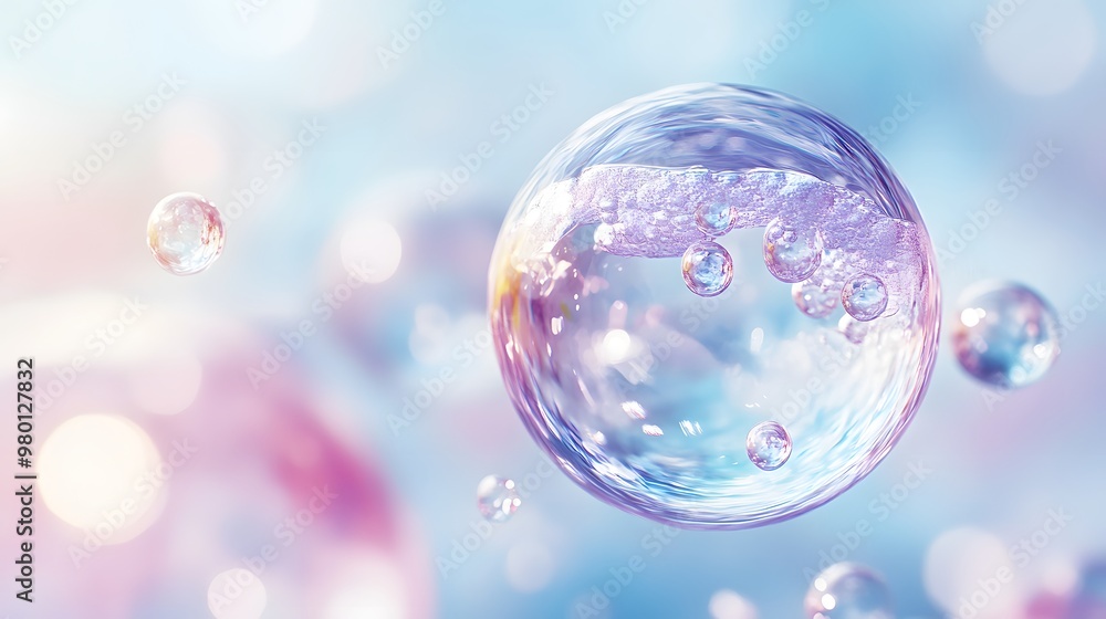 Aufkleber a single large transparent bubble with smaller bubbles inside on a pastel background