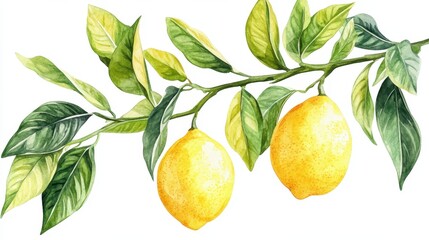 Watercolor Lemon tree branches seamless border,lemon set On a white background,Summer citrus fruit,Juicy colors,Hand drawn lemon set,Botanical illustration collection,Whole lemons,banner menu drink.