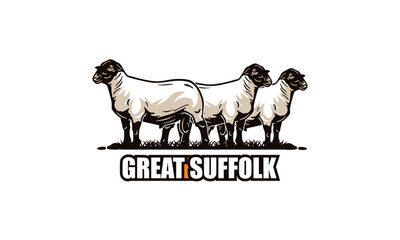 full blood suffolk sheep standing logo, great ram in organic farm vector illustrations