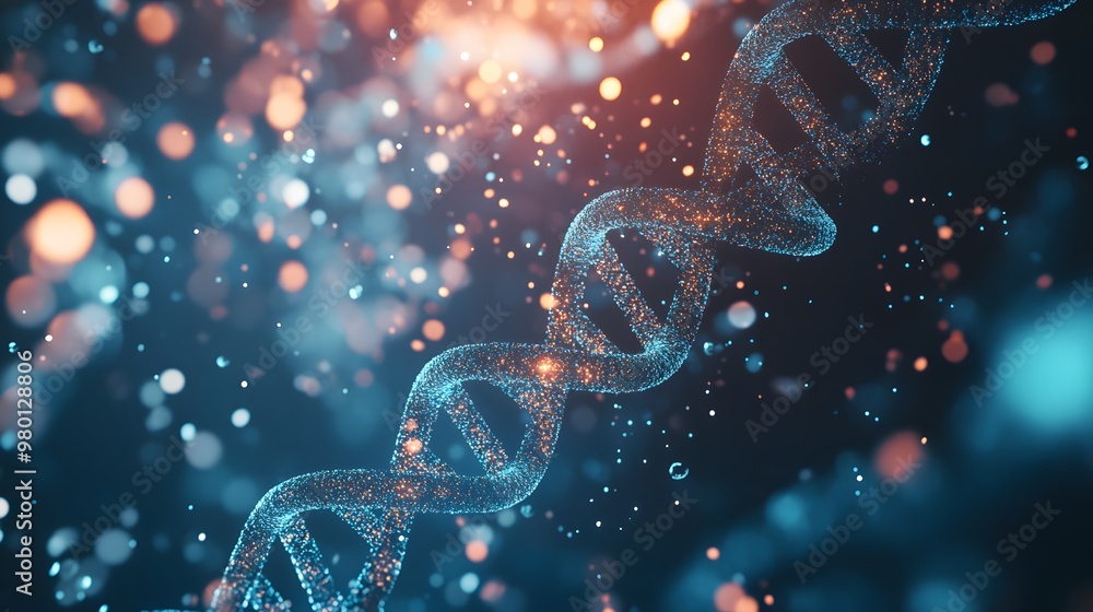 Poster a double helix dna strand composed of glowing particles against a dark blue background with bokeh