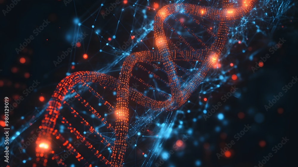 Poster a digital representation of a dna double helix with glowing red and blue nodes
