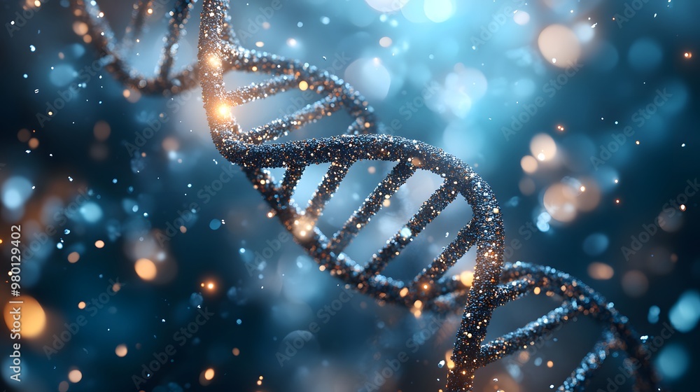 Poster glittering dna double helix with bokeh background