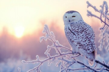 Fototapeta premium Snowy Owl Perched on a Frosty Branch at Sunset