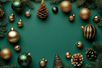 Gold Christmas tree decoration and baubles on green background. Flat lay, top view. Merry Christmas card