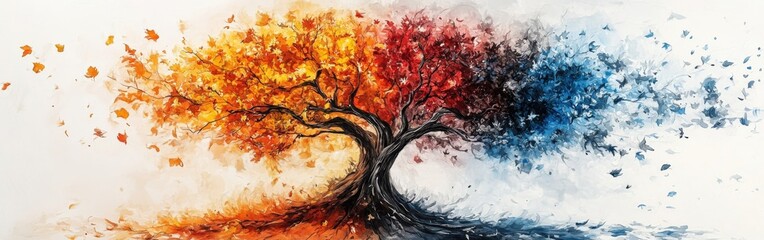 Watercolor Tree Showing Four Seasons in One Illustration