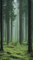Obraz premium Misty Spruce Forest with Tall Trees Disappearing into Fog