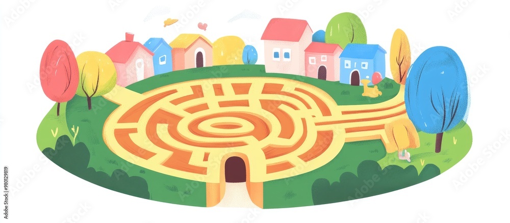 Poster round maze designed for children puzzle featuring six entrances and one exit simple labyrinth illust
