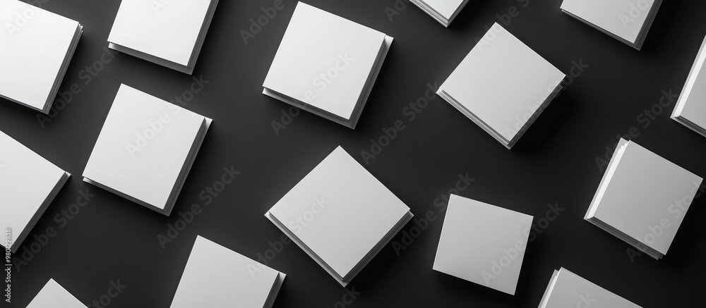 Poster abstract 3d rendering featuring white flat elements resembling blank notepads set against a black ba