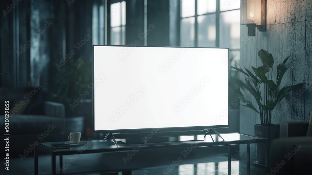 Poster blank white television screen mockup in a dark interior front view 3d rendering empty plasma display