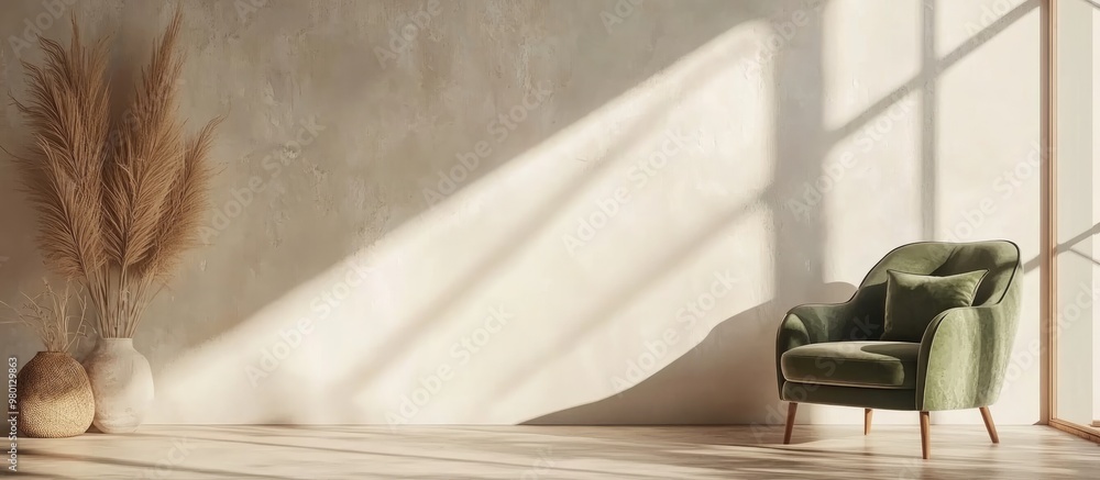 Poster minimalist mock up featuring a white wall in warm tones complemented by a green armchair and decorat