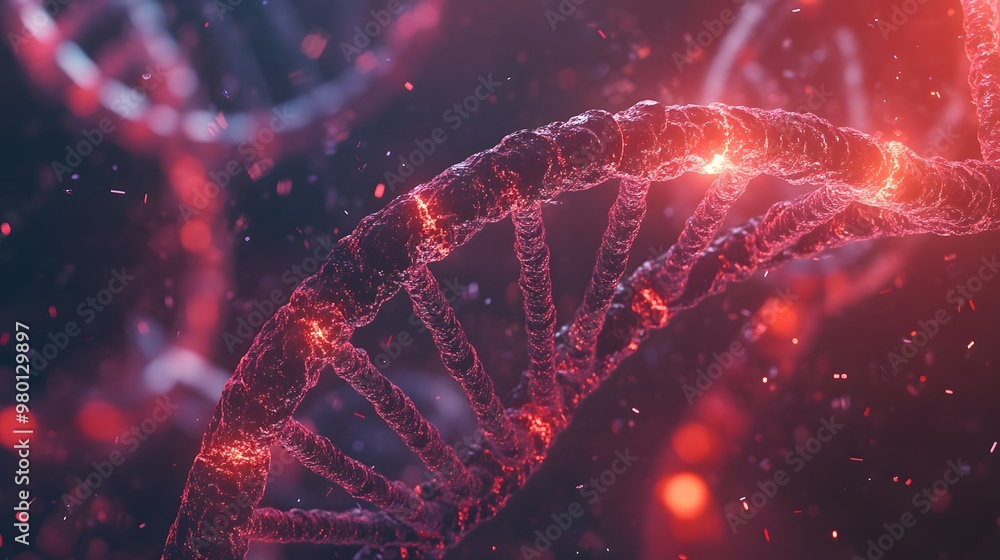 Poster glowing red dna helix with a sparkly background