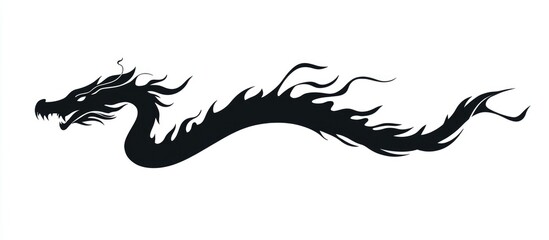 Fototapeta premium Black silhouette of a serpentine dragon in a flat linear design set against a white background